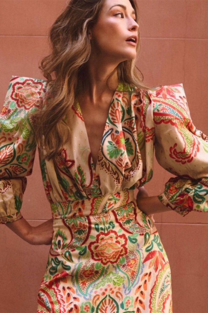 Amelia Baskılı V Yaka Polyester Maxi Elbise