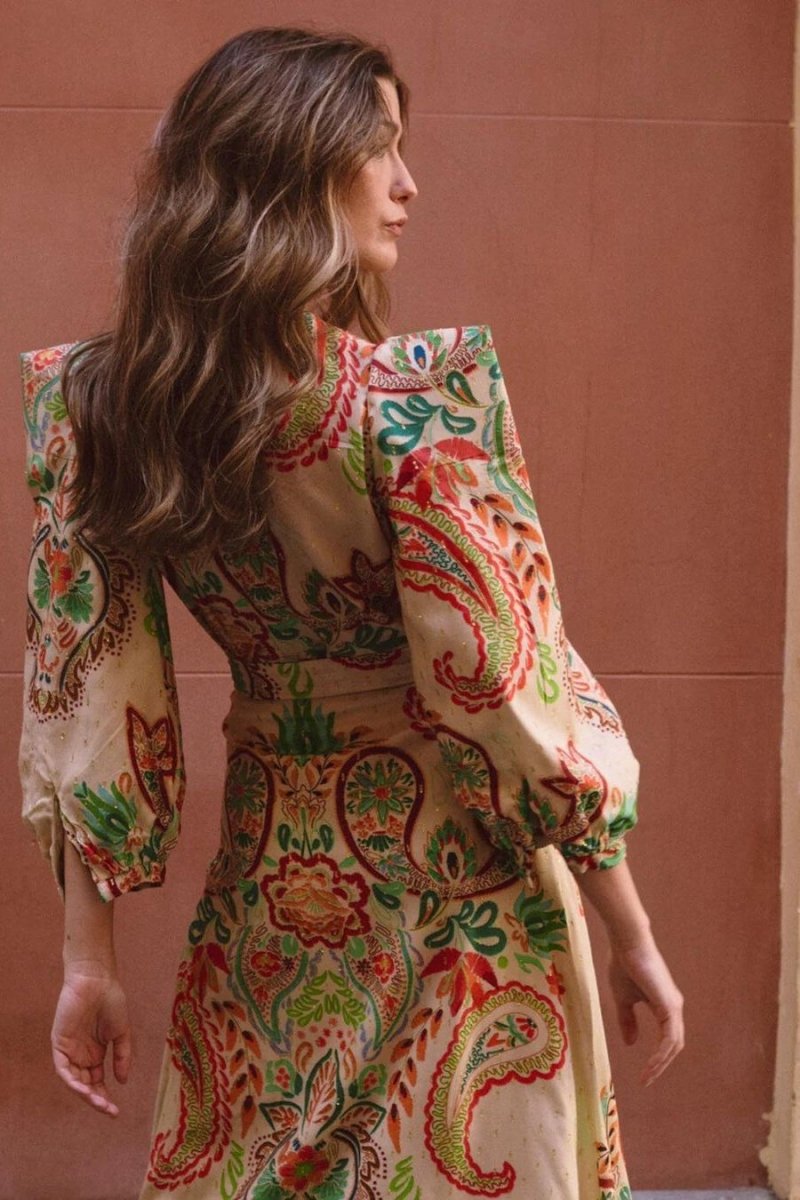 Amelia Baskılı V Yaka Polyester Maxi Elbise