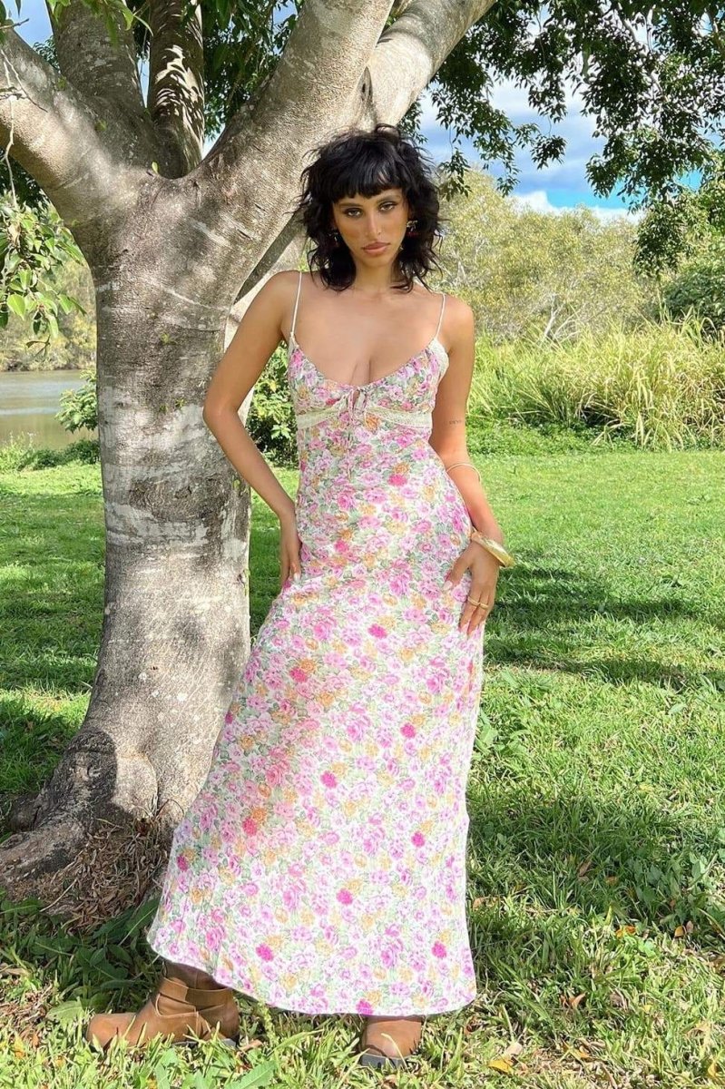 Angelica Baskılı Büzgülü Maxi Slip Elbise