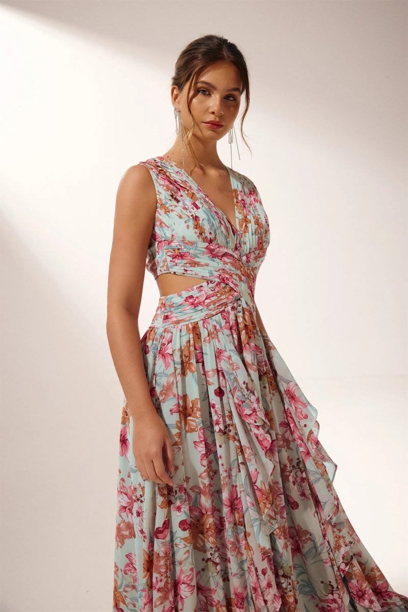 Anila Baskılı Pileli Fırfırlı Maxi Elbise