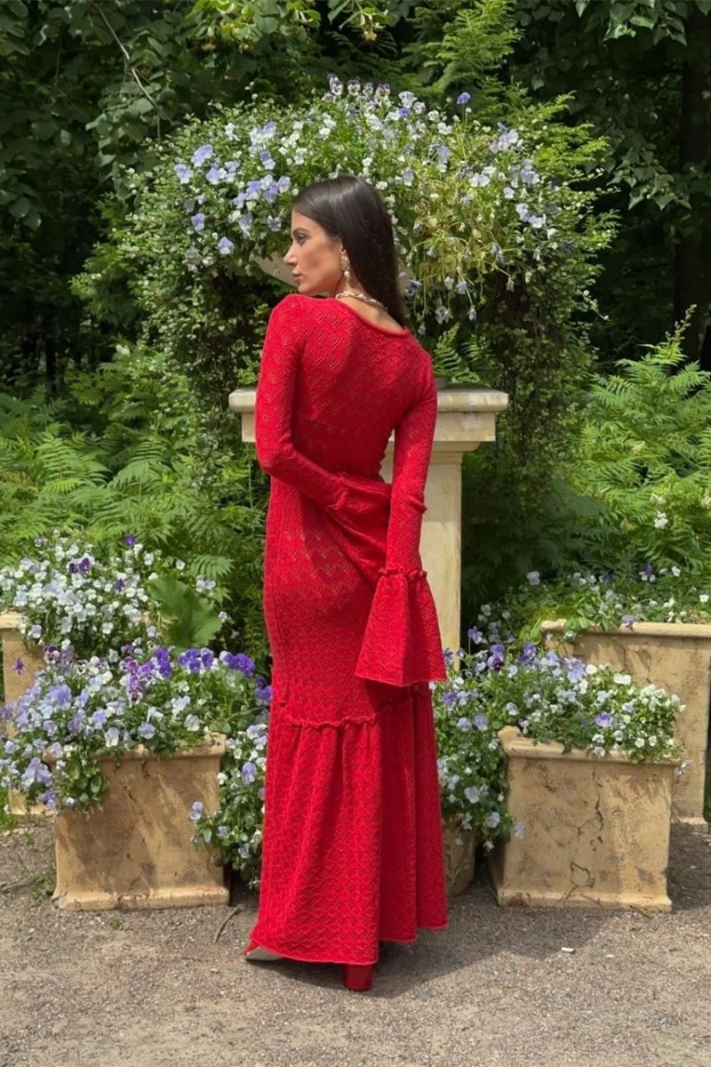 Anna Yuvarlak Yaka Kloş Manşet Örme Maxi Elbise