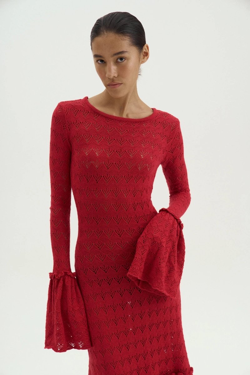 Anna Yuvarlak Yaka Kloş Manşet Örme Maxi Elbise