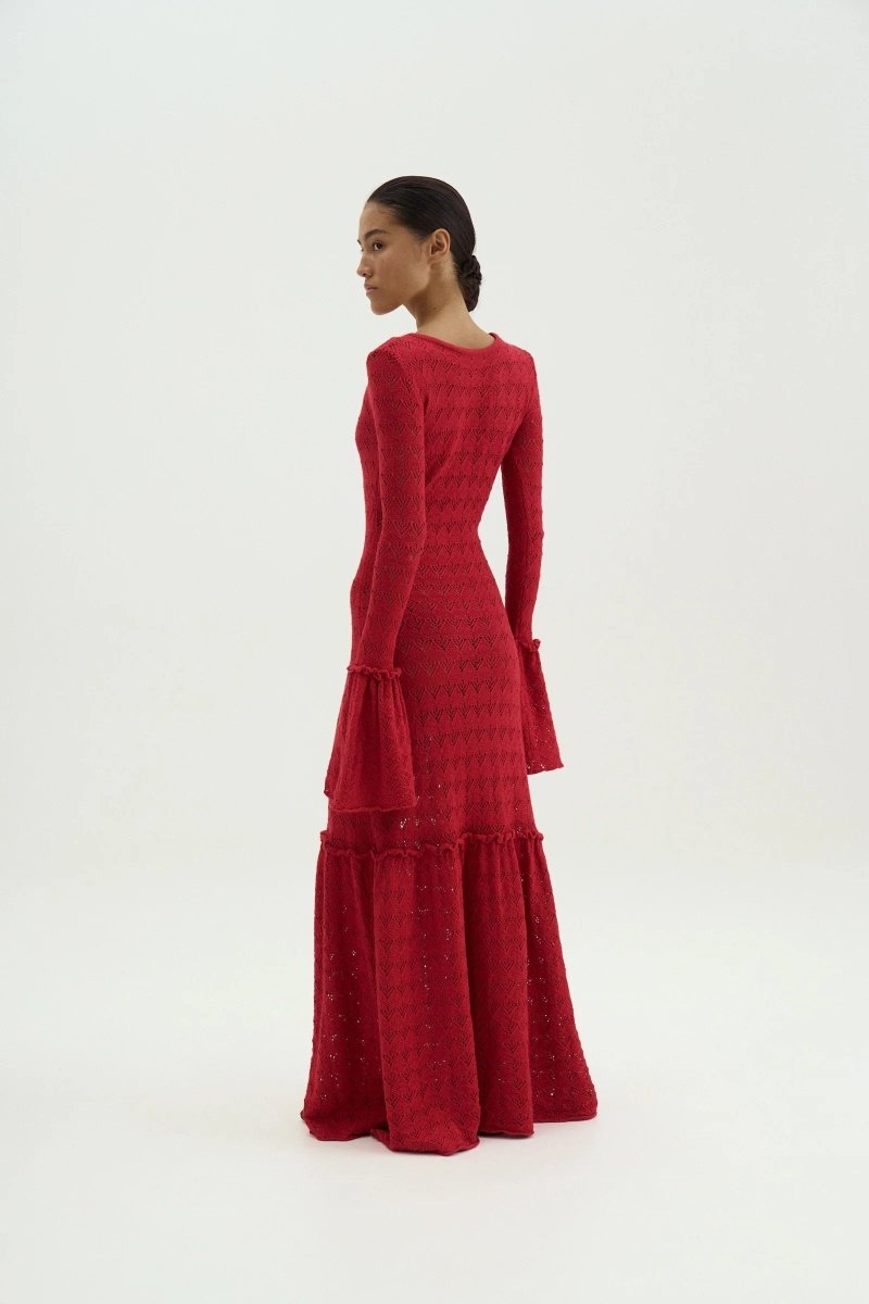 Anna Yuvarlak Yaka Kloş Manşet Örme Maxi Elbise