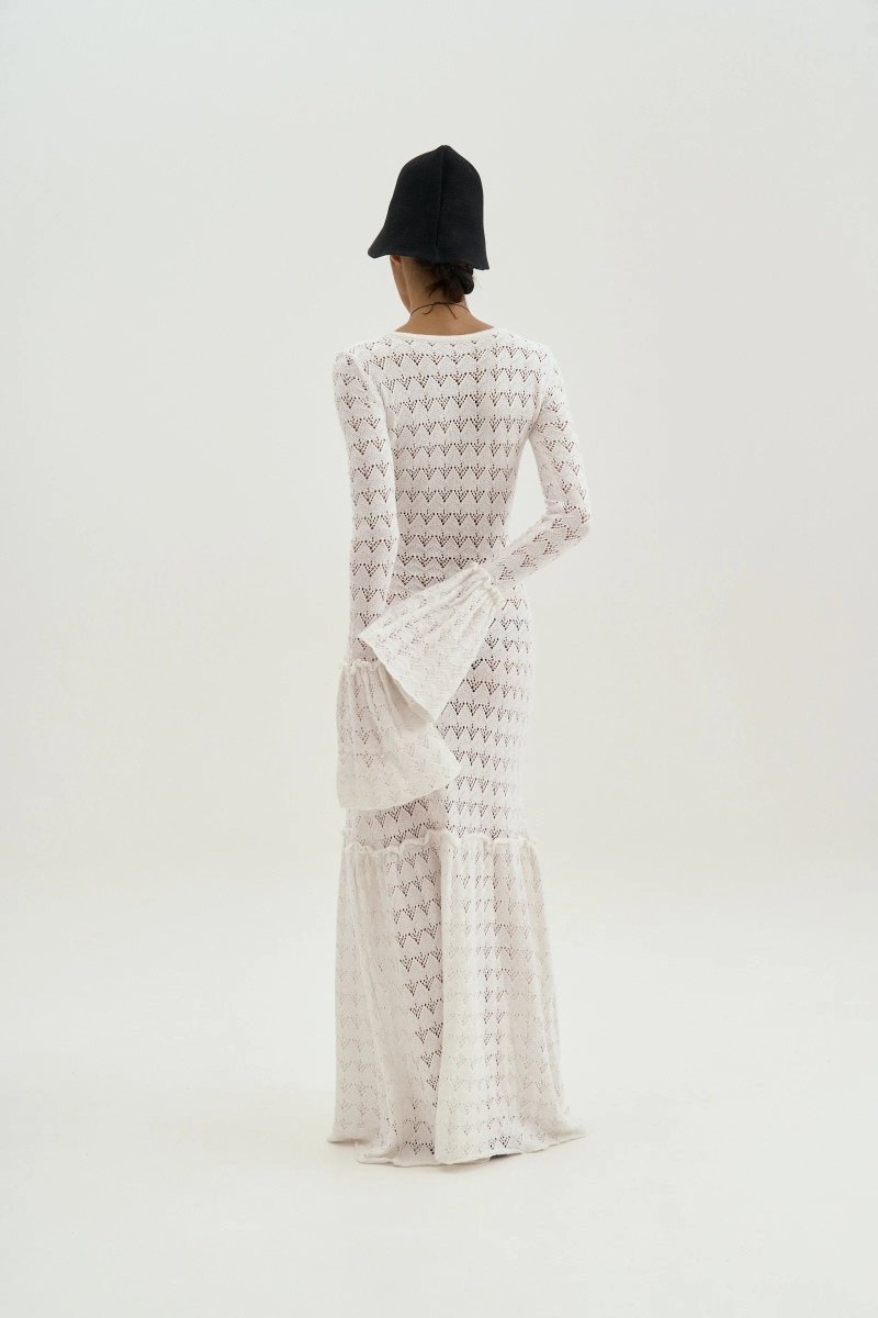 Anna Yuvarlak Yaka Kloş Manşet Örme Maxi Elbise