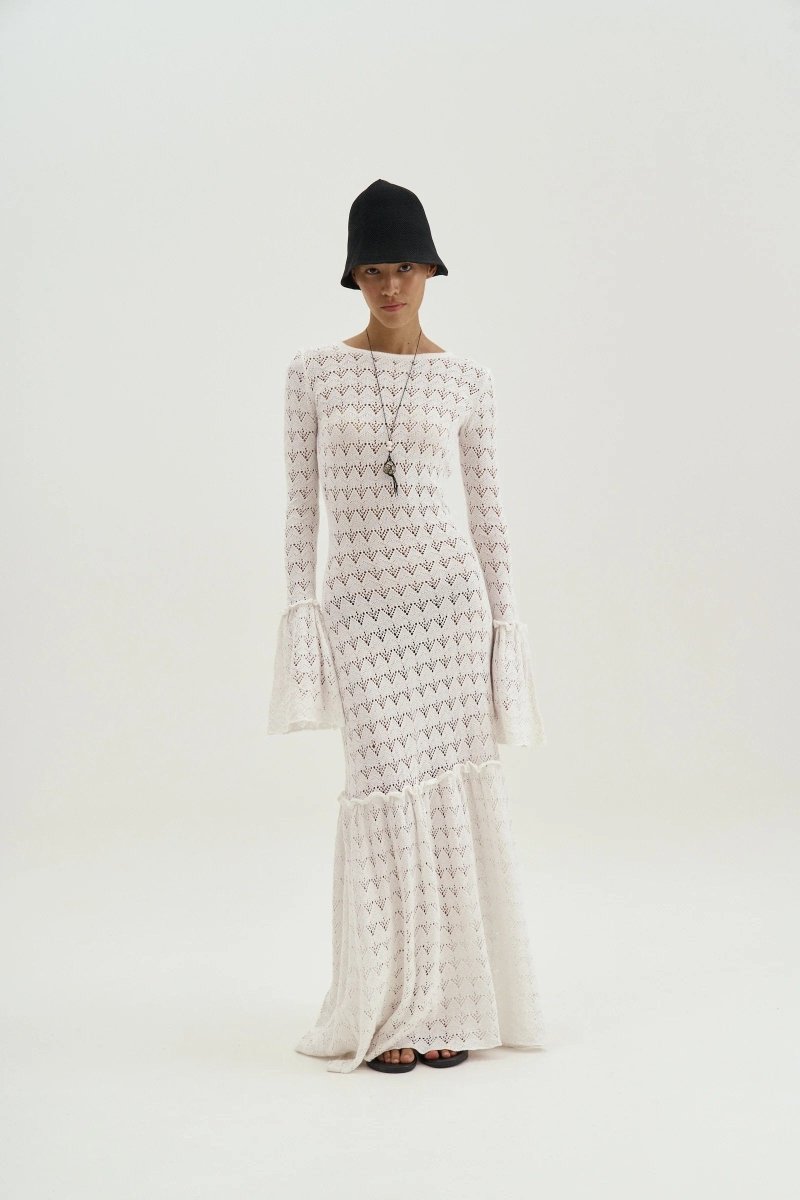 Anna Yuvarlak Yaka Kloş Manşet Örme Maxi Elbise