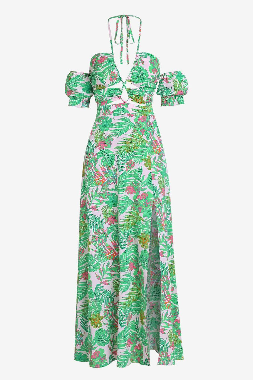 Apphia Baskılı Boyundan Bağlamalı Yırtmaçlı Midi Elbise