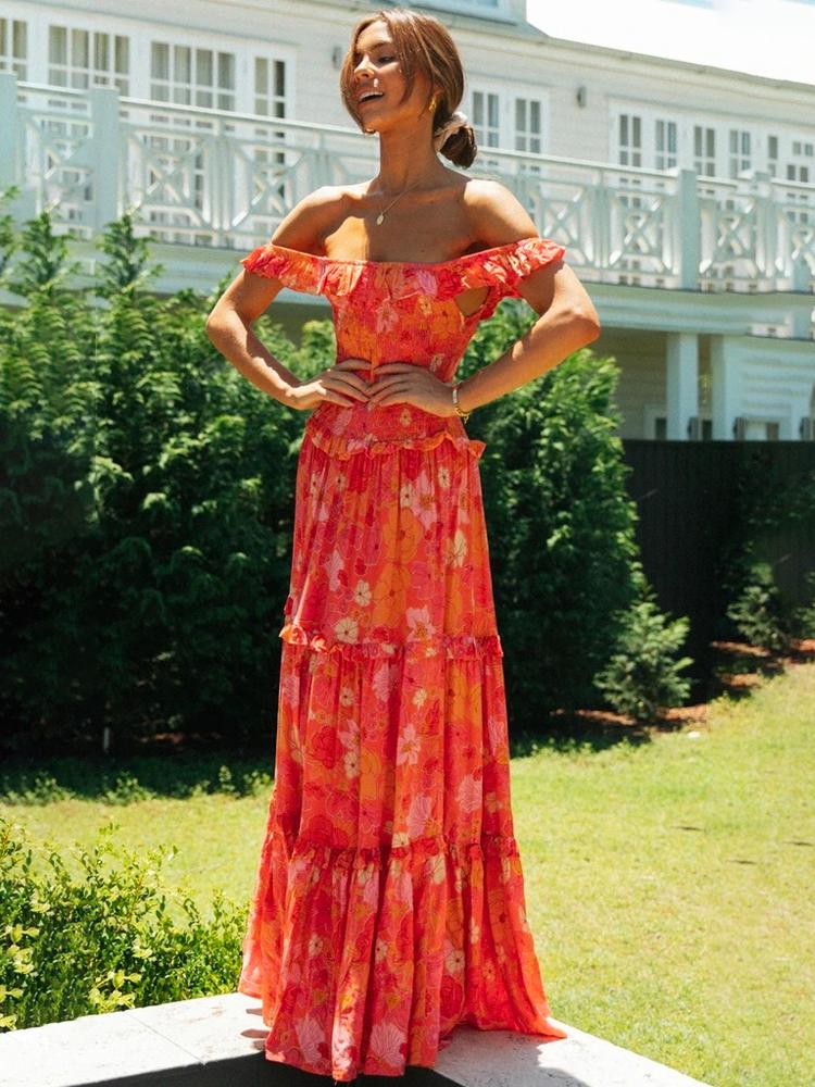 Nisan Ayı Baskılı Omuzu Büzgülü Büzgülü Uzun Elbise