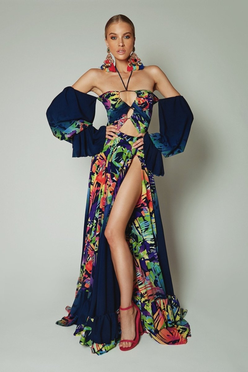 Astrid Baskılı Boyundan Bağlamalı Uzun Elbise