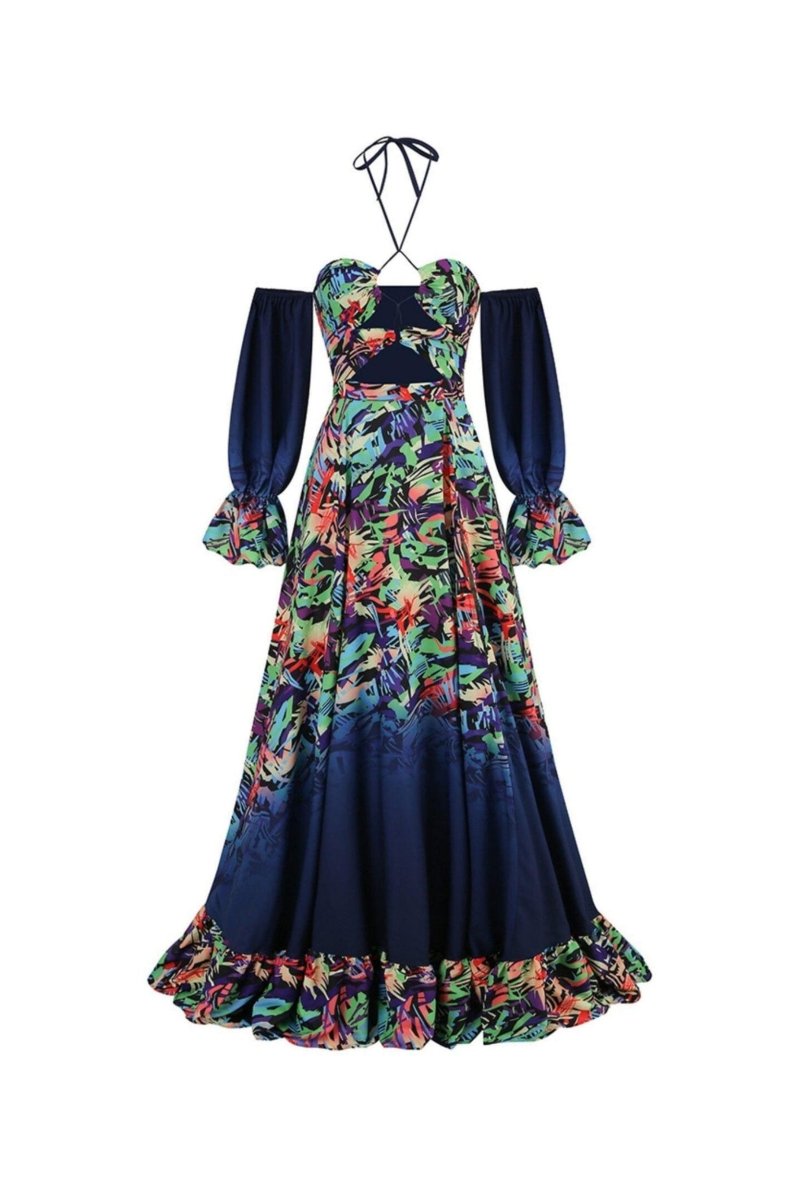 Astrid Baskılı Boyundan Bağlamalı Uzun Elbise