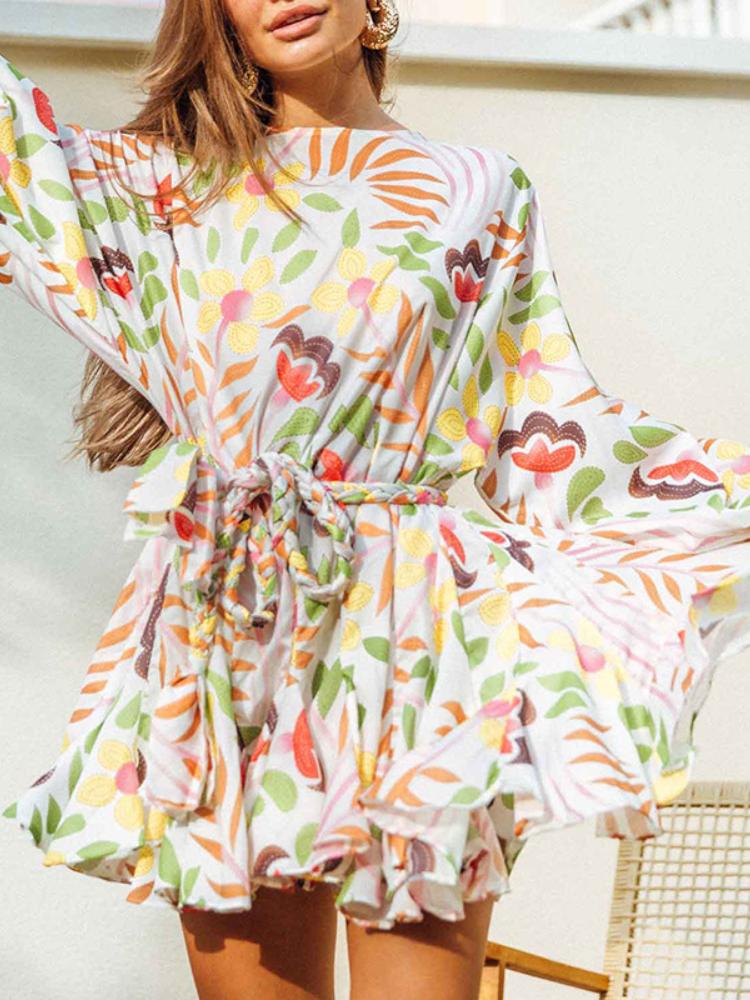 Astrid Baskılı Yuvarlak Yaka Kuşaklı Tunik Mini Elbise