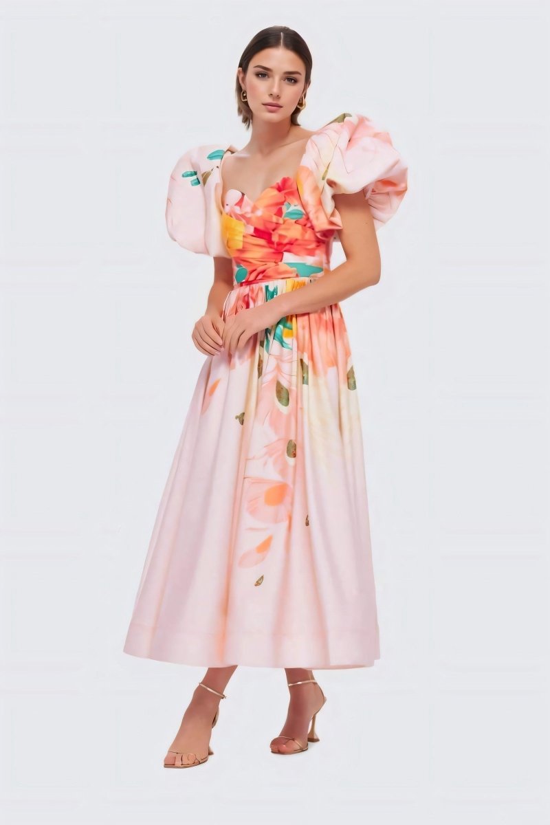 Audrey Çiçek Baskılı Düşük Omuz Midi Elbise