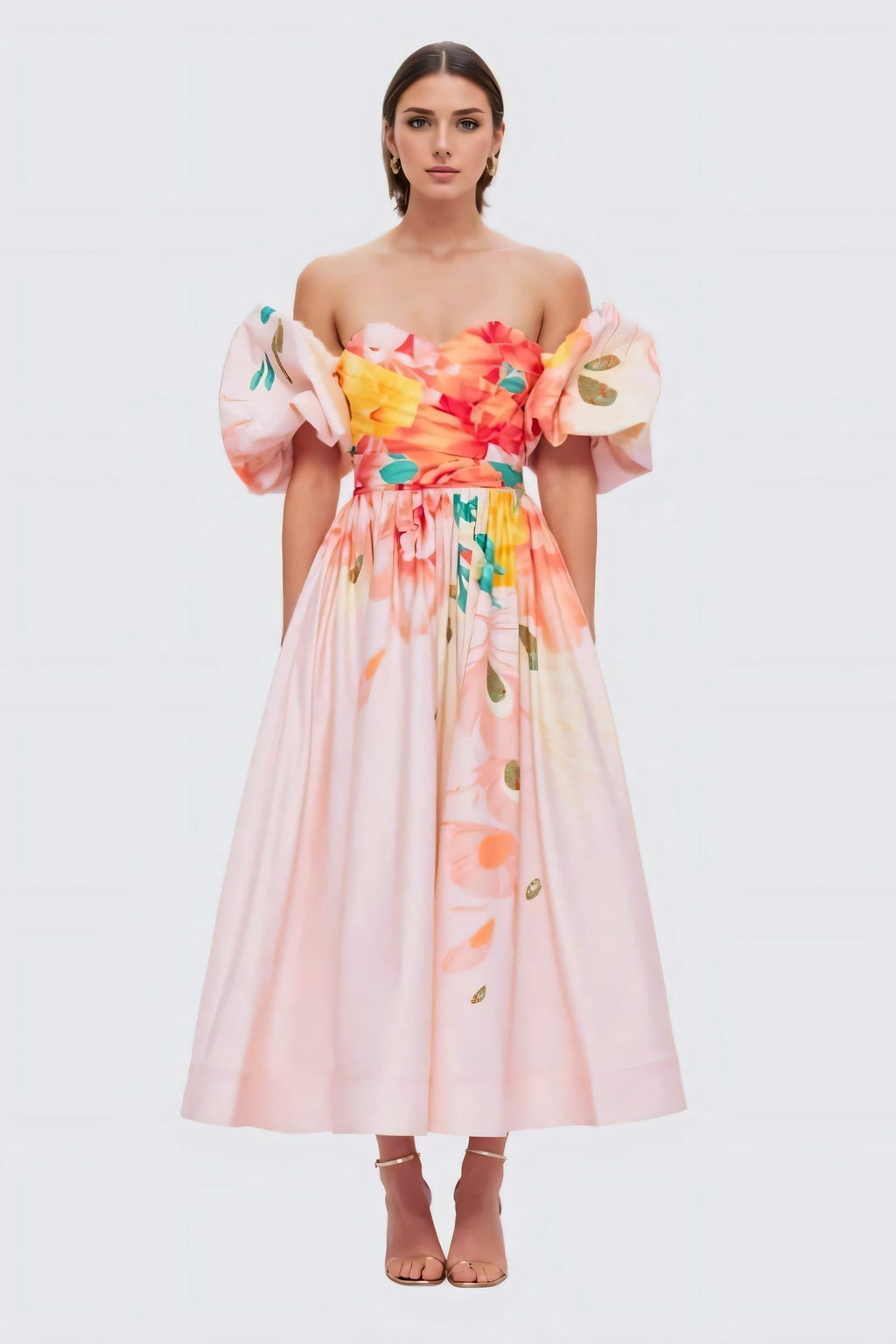 Audrey Çiçek Baskılı Düşük Omuz Midi Elbise