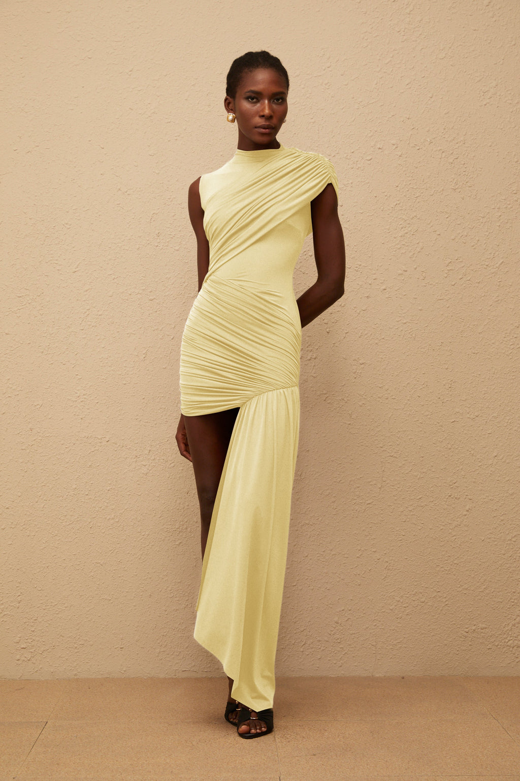 Fée Sarı Asimetrik Büzgülü Mini Elbise