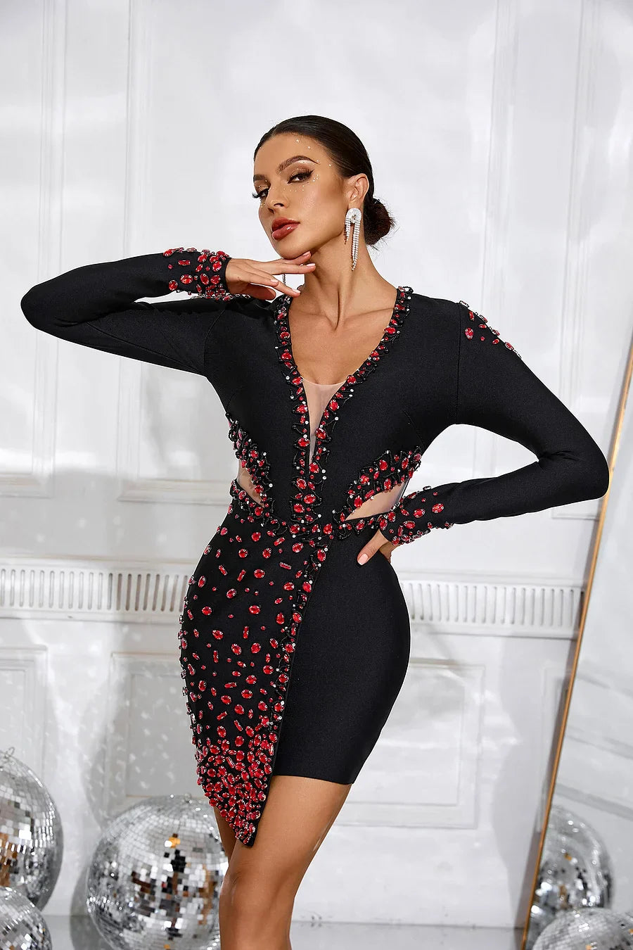 Siyah Akasya Taşlı Mini Elbise