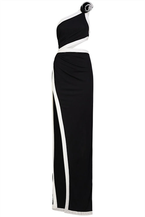 Salome Asimetrik Çiçek Aplikeli Uzun Elbise