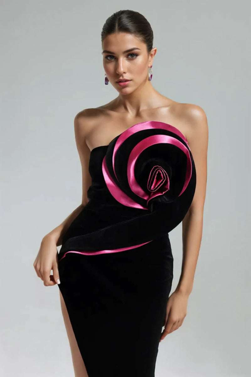 Barbara Kadife Çiçek Asimetrik Uzun Elbise