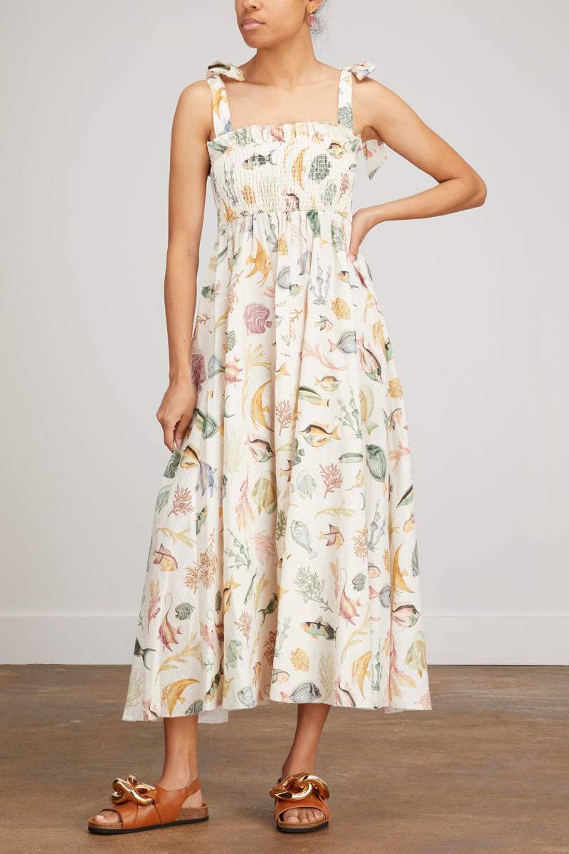 Basia Baskılı Büzgülü Korsajlı Midi Keten Elbise