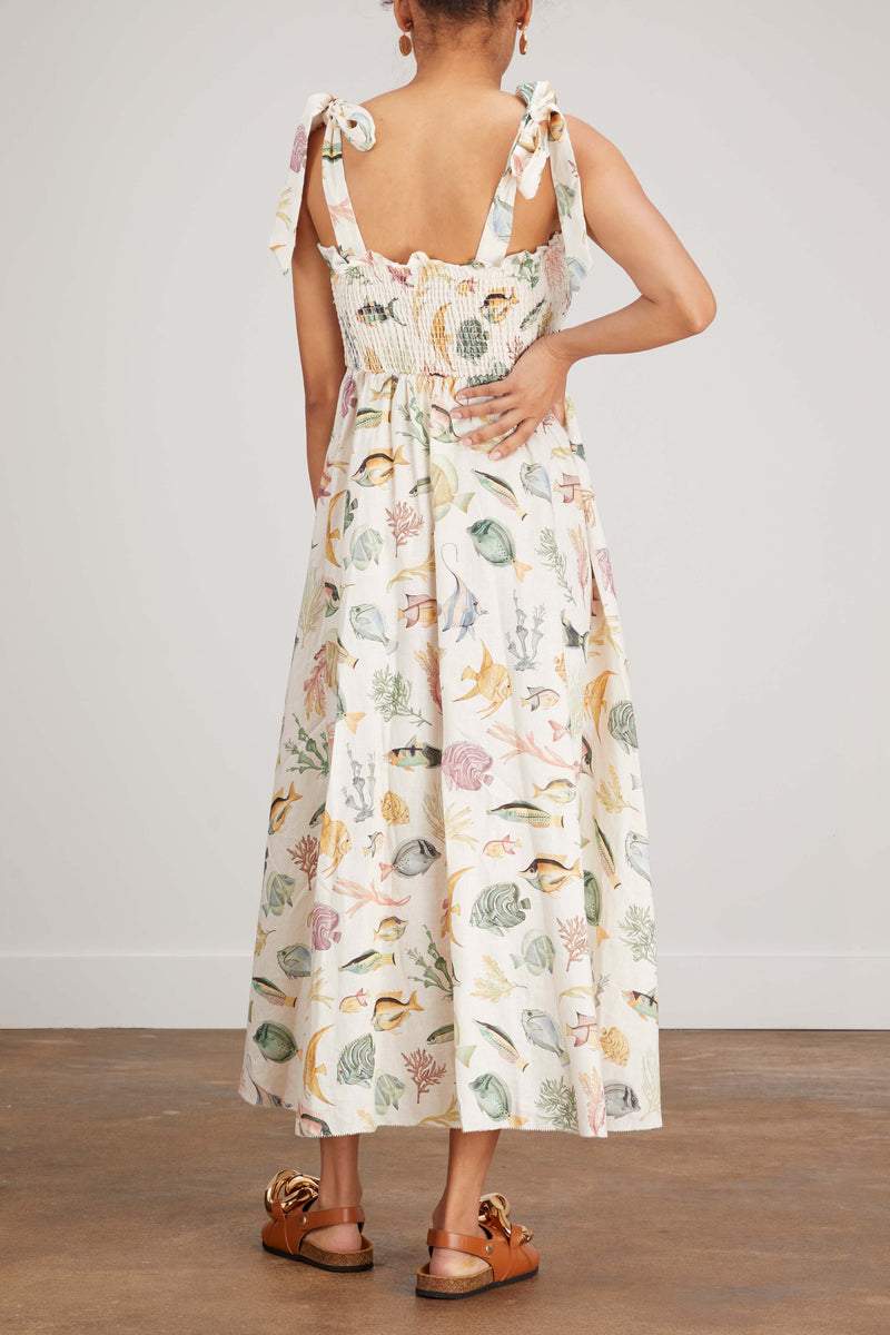 Basia Baskılı Büzgülü Korsajlı Midi Keten Elbise