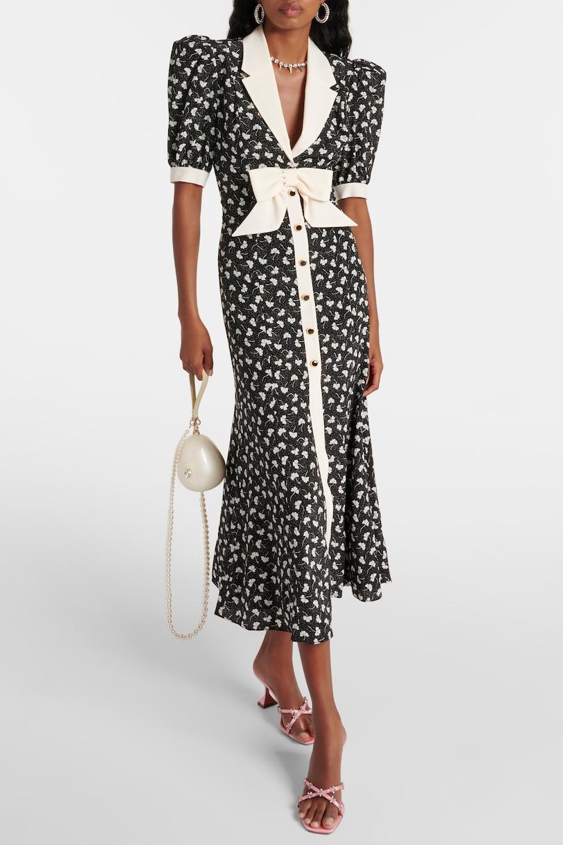 Rita Çiçek Fiyonklu Puf Kol V Yaka Midi Elbise