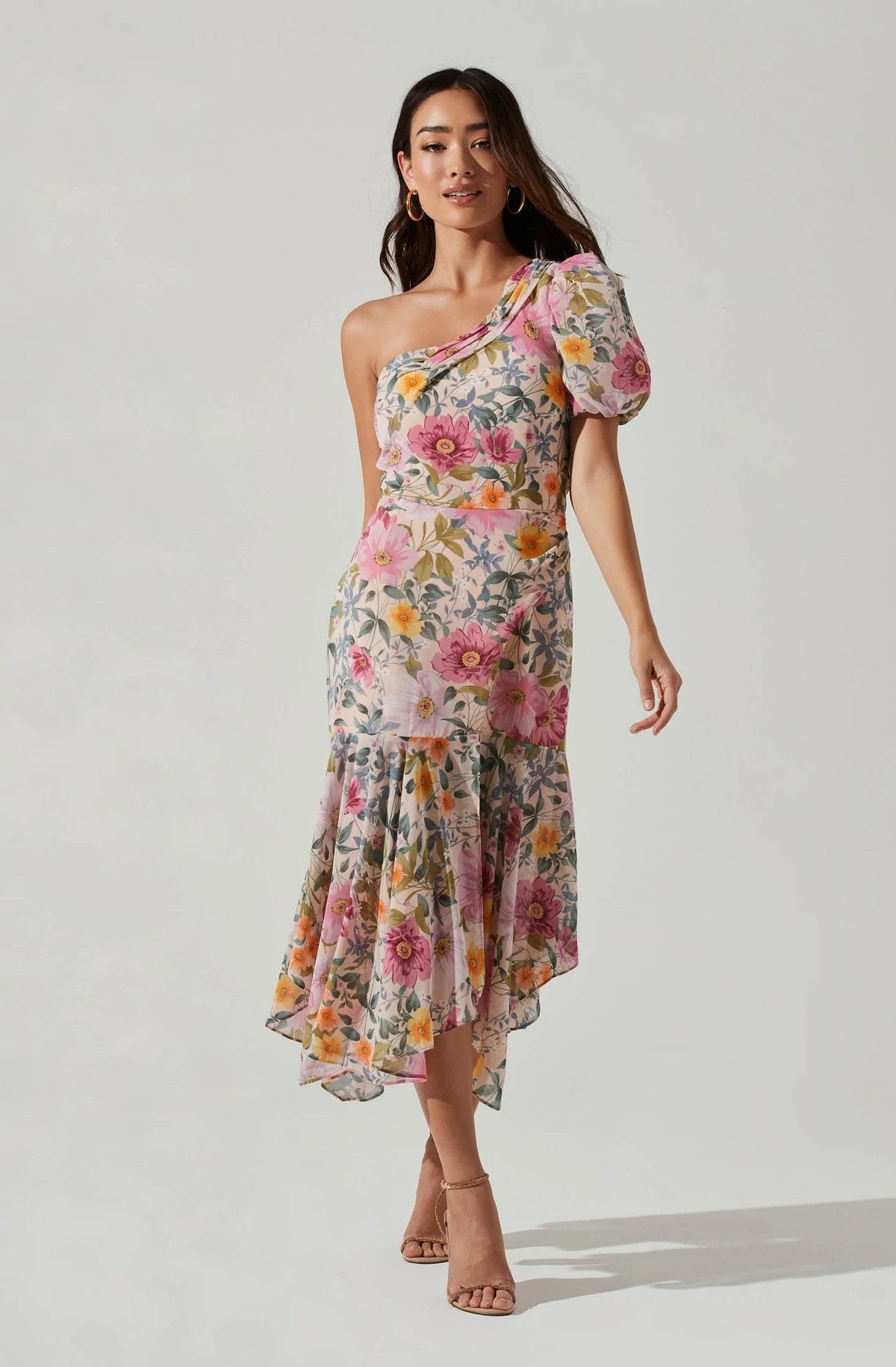 Bblythe Baskılı Tek Omuz Flare Midi Elbise