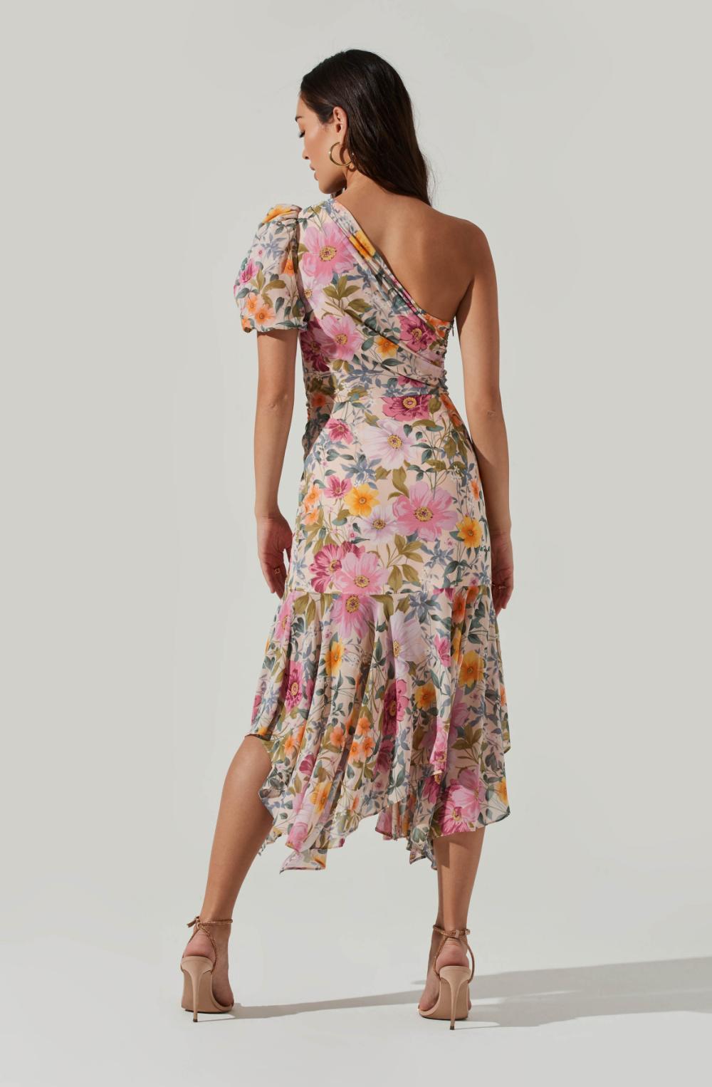 Bblythe Baskılı Tek Omuz Flare Midi Elbise