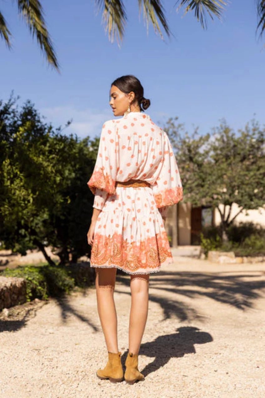 Belinda Splice Baskılı Kuşaklı Dantel Detaylı Mini Pamuk Gömlek Elbise