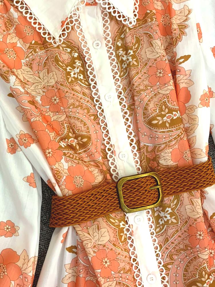 Belinda Splice Baskılı Kuşaklı Dantel Detaylı Mini Pamuk Gömlek Elbise