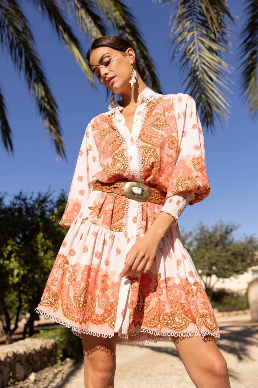 Belinda Splice Baskılı Kuşaklı Dantel Detaylı Mini Pamuk Gömlek Elbise