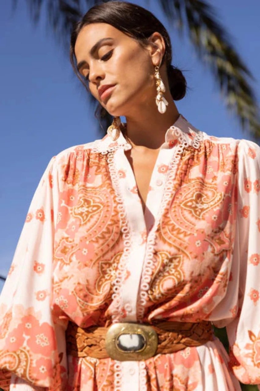 Belinda Splice Baskılı Kuşaklı Dantel Detaylı Mini Pamuk Gömlek Elbise