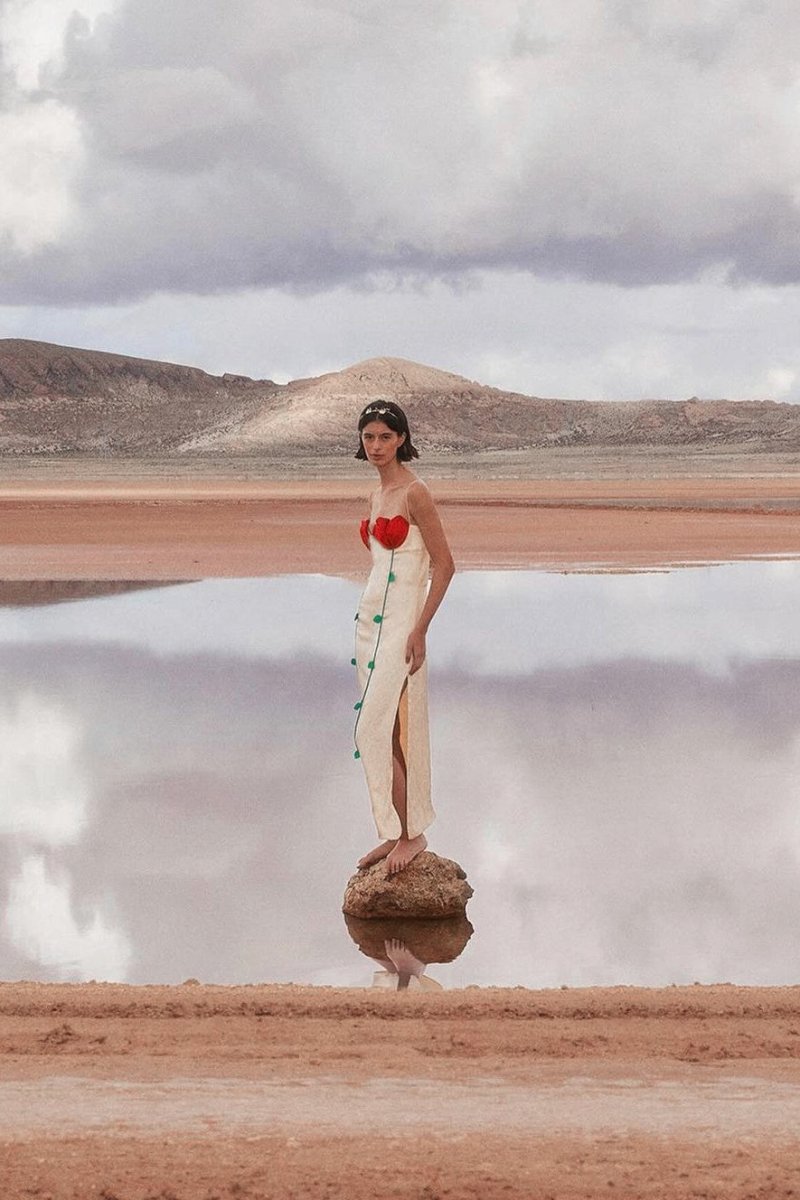 Belle Gül Detaylı Yüksek Yırtmaçlı Maxi Elbise