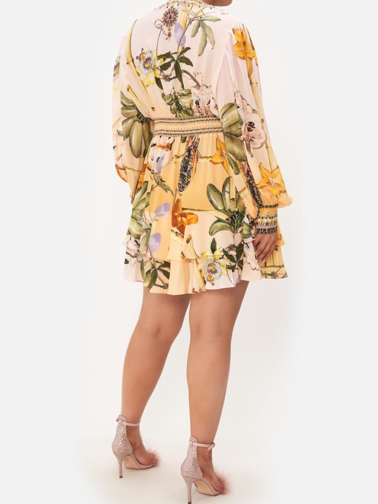 Bernice Baskılı V Yaka Katlı Mini Elbise