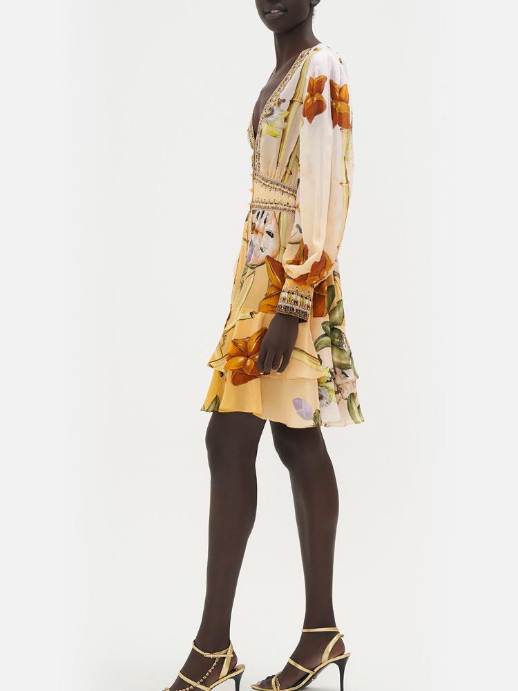 Bernice Baskılı V Yaka Katlı Mini Elbise