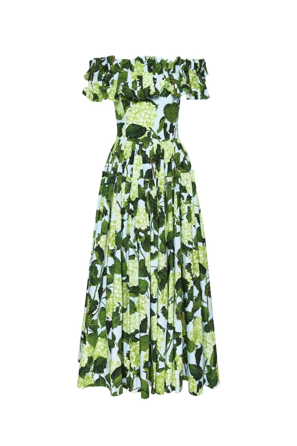 Bess Baskılı Fırfırlı Omuzu Açık Katlı Maxi Elbise