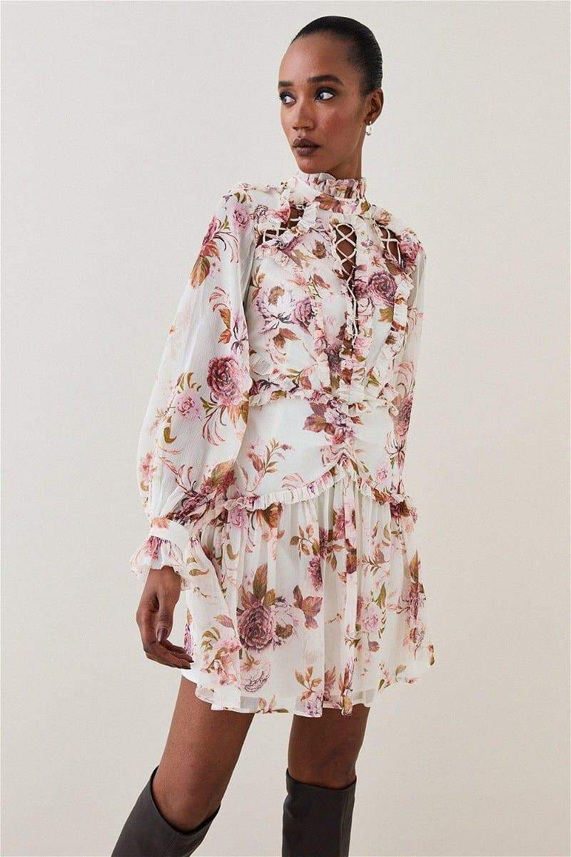 Betsy Baskılı Fırfırlı İçi Boş Mini Elbise