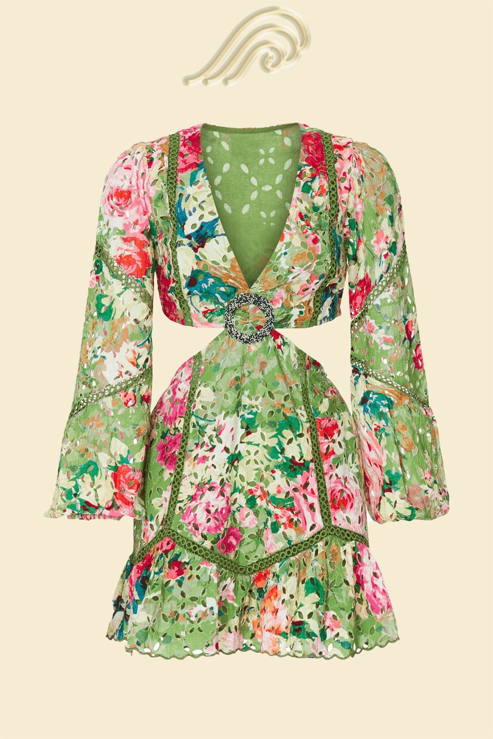 Beverly Baskılı Nakışlı Dantel Cut-Out Mini Elbise