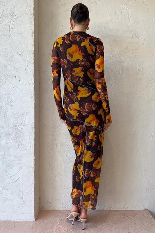 Breeda Baskılı Transparan Maxi File Elbise