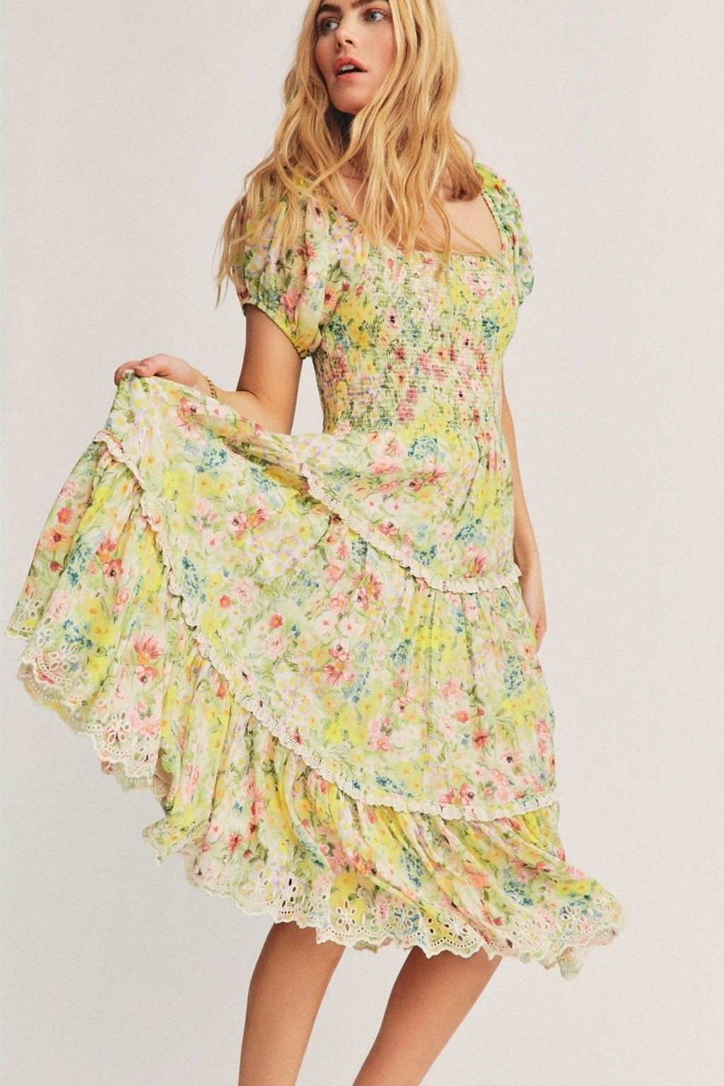 Brianna Baskılı Dantelli Midi Elbise