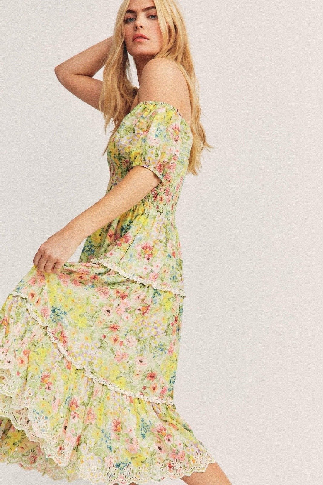 Brianna Baskılı Dantelli Midi Elbise