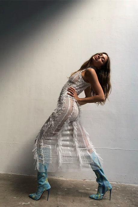 Bonnie Balıkçı Yaka Fırfırlı Midi Elbise