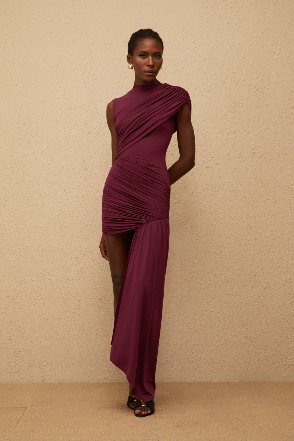 Fée Bordo Asimetrik Büzgülü Mini Elbise