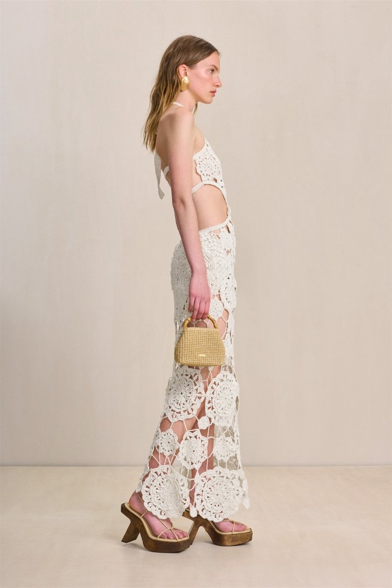 Camille Boyundan Bağlamalı Kesikli Örgü Maxi Elbise