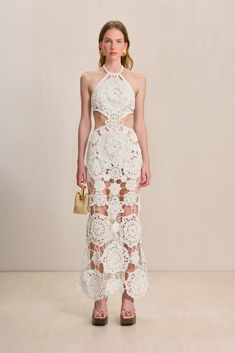 Camille Boyundan Bağlamalı Kesikli Örgü Maxi Elbise