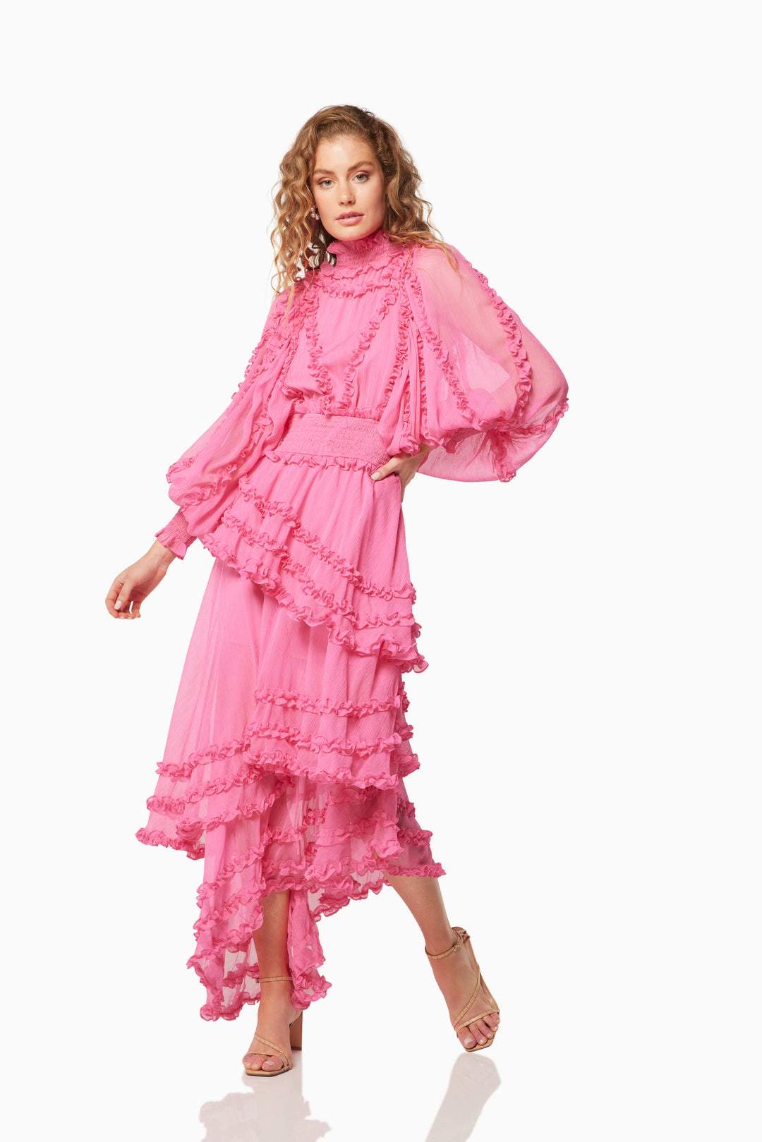 Candida Fırfırlı Büzgülü Asimetri Midi Elbise