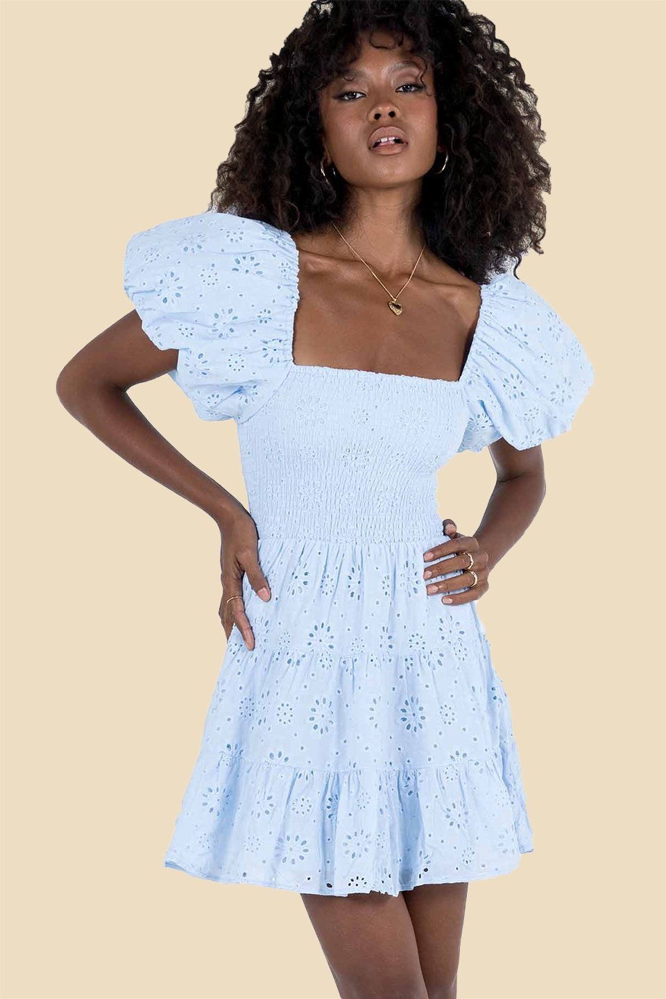 Carol Büzgülü Nakışlı Dantel Pamuk Mini Elbise
