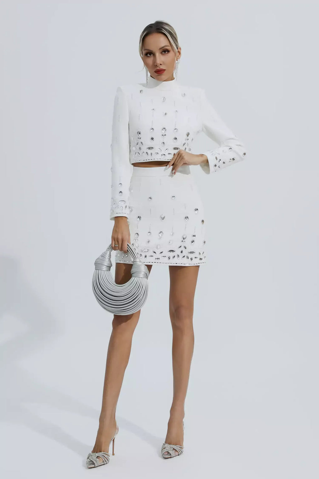 Cecelia Beyaz Kristal Süslemeli Set