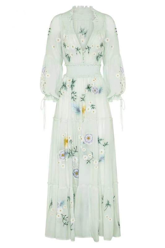 Cecilia İşlemeli V Yaka Büzgülü Maxi Elbise