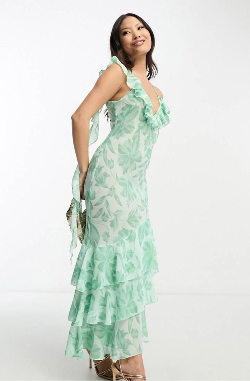 Kiraz Baskılı Fırfırlı Flare Midi Elbise