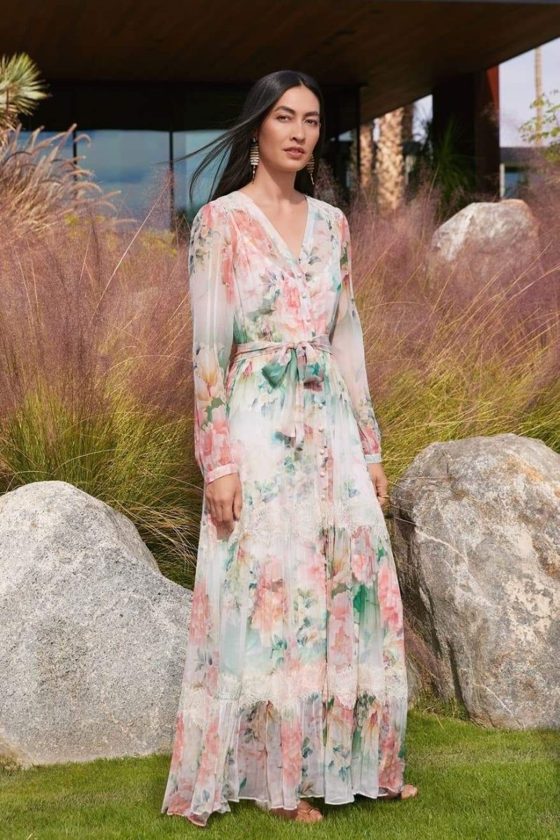 Claire Çiçek Baskılı Dantel Detaylı Maxi Elbise