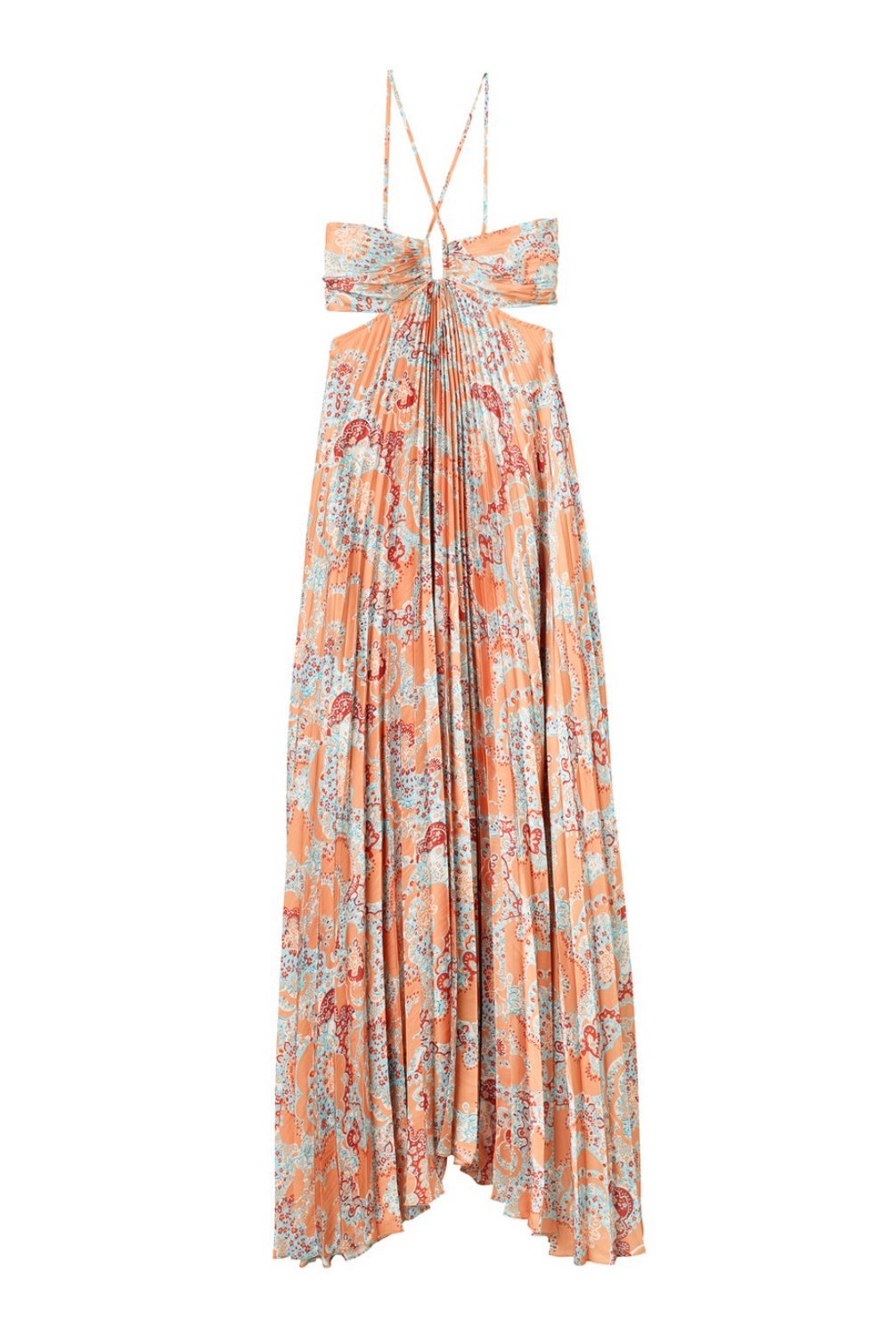 Clara Baskılı Boyundan Bağlı Pileli Uzun Elbise