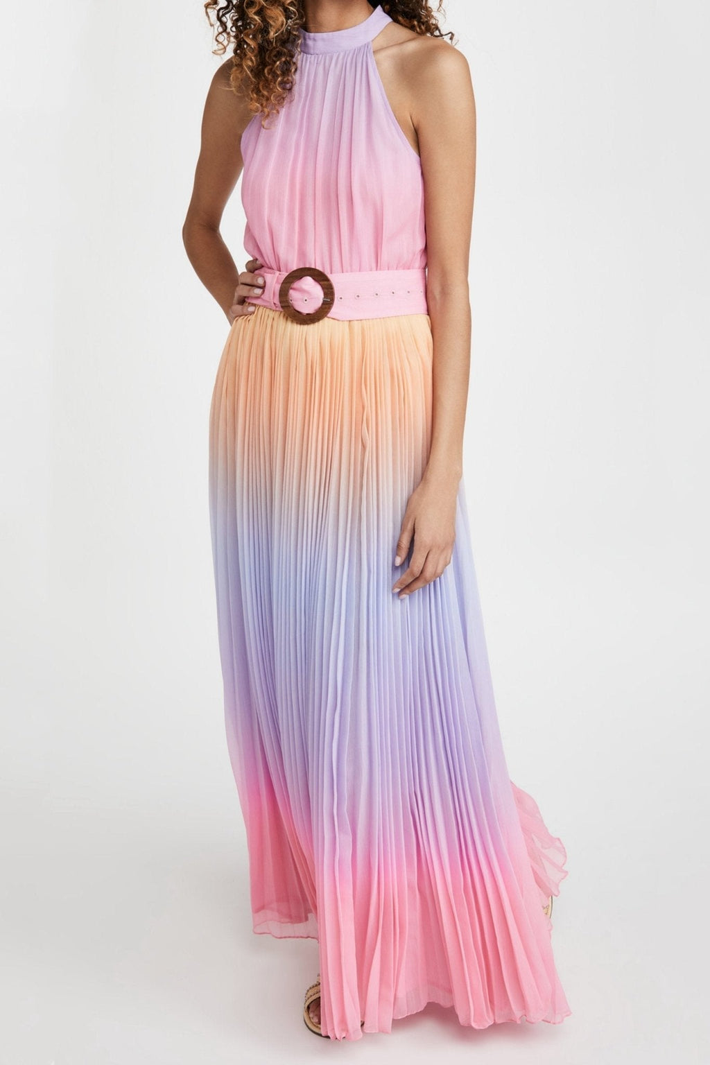 Clare Baskılı Plise Boyundan Bağlı Uzun Elbise